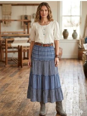 Sundance Striped Blue Tiered Maxi Skirt M Boho Peasant Western Prairie